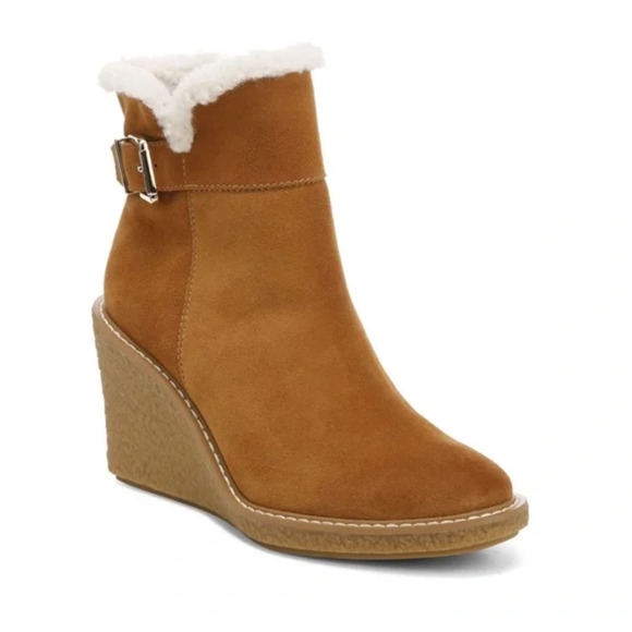 Franco Sarto Ulayna Ankle Bootie 10 NWOT Wedge Heel Tan Suede Boots Sherpa - Picture 2 of 11